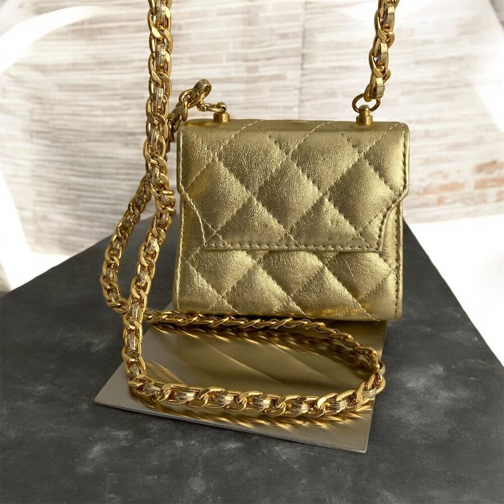 Simard Leather Mini Gold Quilted Metallic Chain Bag - Picture 1 of 15